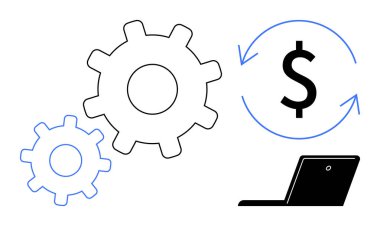 Bir dizüstü bilgisayara bağlı büyük ve küçük vitesler ve otomasyonu, verimliliği ve finansal süreçleri sembolize eden yuvarlak oklu bir dolar işareti. Finans, iş, teknoloji ve iş akışı için ideal