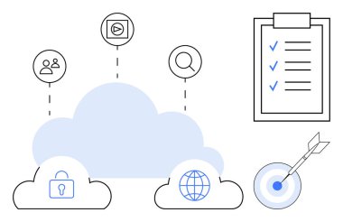 Güvenlik, ağ oluşturma, medya, arama, verimlilik kontrol listesi ve hedefi temsil eden simgelere sahip bulut. Bulut hesaplama, teknoloji, verimlilik veri yönetimi stratejisi için ideal