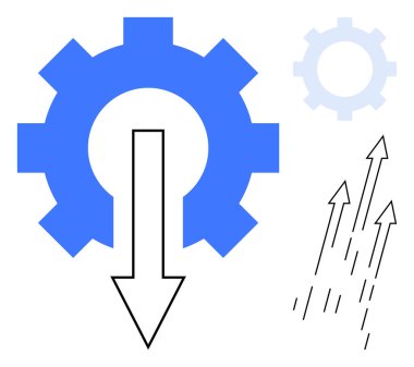 Yukarı doğru ince oklarla tamamlanmış merkezi aşağı doğru ok ile mavi dişli. Süreç optimizasyonu, üretkenlik, yenilik, verimlilik, takım çalışması, iş stratejisi ve büyüme için ideal. Basit düz