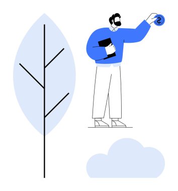 Bir elinde defter, diğer elinde de soyut ağaç ve bulutun yanında para olan biri. Finans, yatırım, ekonomi, tasarruf, büyüme, sürdürülebilirlik ve gelecek için ideal. Basit düz metafor