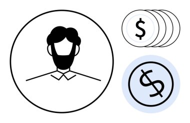 Bozuk paralar ve büyük bir dolar sembolünün yanında daire şeklinde bir adam tasviri. Finans, markalaşma, çevrimiçi gelir, tasarruf, yatırım, iş, serbest çalışma, basit düz metafor