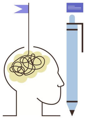 Düşüncelere benzeyen karmaşık çizgilerle insan kafası ana hatları, fikirlerin yanında duran uzun bir kalem. Yaratıcılık, problem çözme, yenilik, strateji, zihinsel berraklık, organizasyon için ideal