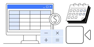 Bütçeleme, muhasebe, veri analizi, masraf izleme, planlama, programlama ve basit bir düzlemde üretkenlik için bilgisayar ekranı, dolar para, takvim ve hesap makinesi görüntüleme aracı
