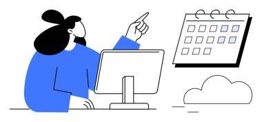 Bilgisayar kullanan, takvimde el kol hareketi yapan bir kadın. Bir bulut da dahil. Üretkenlik, organizasyon, zaman yönetimi, planlama, takım çalışması için ideal teknoloji kavramları. Basit düz metafor