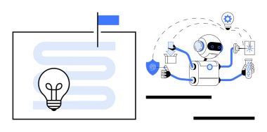Yapay zeka robotu, otomasyon simgeleriyle birbirine bağlı araç gereçler, kalkan ve laboratuvar matarasıyla birden fazla iş yapıyor. Ampul ve patika fikirler, hedefler ve yenilikleri temsil eder. Teknoloji ve otomasyon için ideal.