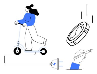 Elektrikli scooter kullanan kadın şarj prizine bağlı. Uçan para ve el yazısı birikimleri, hareketliliği ve yenilikleri simgeler. Hareket edebilirlik, teknoloji, enerji, tasarruf, yaratıcılık için ideal