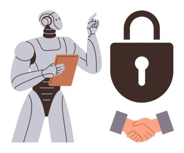 Robot büyük bir asma kilit ve tokalaşmanın yanında bir pano tutarken yukarı bakıyor. Teknoloji, yapay zeka, güvenlik, güven, yenilik, veri koruması, otomasyon için ideal. Basit bir düz metafor.