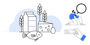 Süt kutusu, peynir, balık, yumurta, buğday sapları büyüteç ve kimlik kartı tutan bir elle analiz eden bir kişi. Sağlık, teftiş, kalite kontrol, kimlik doğrulama gıdaları için ideal