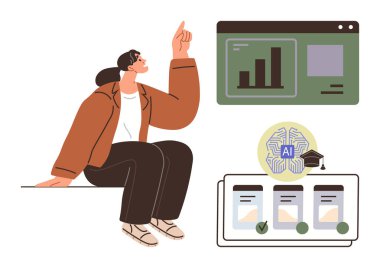 Çizelgeler ve yapay zeka elementlerinin yanında el kol hareketi yapan bir kadın yapay zeka mesajı, mezuniyet şapkası ve kontrol listesi olan bir beyin. Teknoloji, yapay zeka, analitik, eğitim bilgisi yeniliği ve kariyer büyüme temaları için idealdir. Basit.