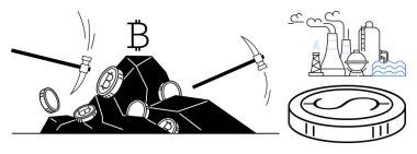 Kayalardan Bitcoin paraları çıkaran kazmalar, enerji kullanımını sembolize eden endüstriyel fabrikalar. Kripto para birimi, dijital ekonomi, madencilik, sürdürülebilirlik, teknoloji, endüstriyel etki için ideal