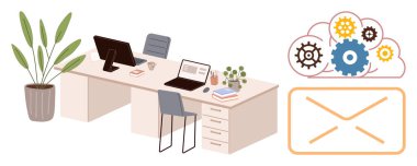 Ofis masasında dizüstü bilgisayarlar, sandalyeler ve bulut tabanlı otomasyon dişlileri ve e-posta konseptinin yanında bitkiler. Takım çalışması, verimlilik, teknoloji, ofis kültürü, uzaktan çalışma, iletişim için ideal