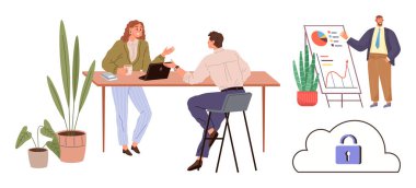 Profesyoneller fikirleri masada tartışırlar, sunucu tahtadaki grafikleri vurgular ve güvenli bir bulut simgesi veri korumasını simgeler. Takım çalışması, strateji, sunum, teknoloji ve iş için ideal