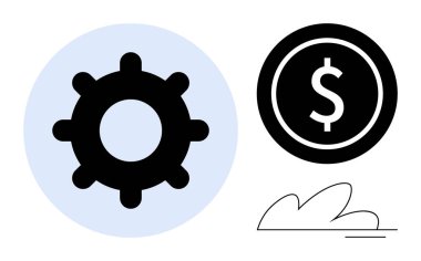 Dolar işareti ve soyut bulut elementi olan madeni paranın yanında vites. Finans, üretkenlik, otomasyon, ekonomi, iş stratejisi, yenilik ve verimlilik için ideal. Basit düz metafor