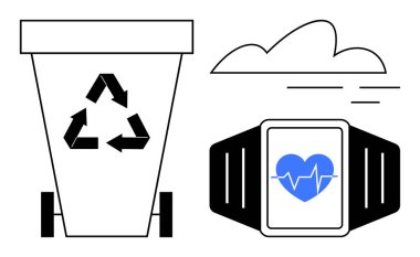 Okları olan geri dönüşüm kutusu, kalp atışlarını gösteren akıllı seğirme ve bulut simgesi. Sürdürülebilirlik, sağlık, eko-dostluk, teknoloji, sağlık iklim değişikliği dolaşımı için idealdir. Basit düz metafor