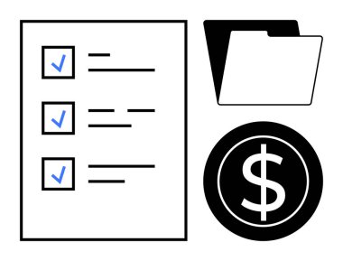 Tamamlanmış görevleri gösteren kontrol listesi mavi işaretli, bir klasör ve bir dolar işareti simgesi. Üretkenlik, görev yönetimi, mali hedefler, bütçe belirleme, iş stratejisi, organizasyon için ideal