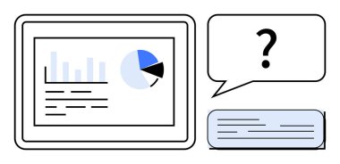 Analitik kontrol paneli, bar ve pasta grafikleri, soru işaretli sohbet balonu ve metin kartı. İletişim, analitik, teknoloji, öğrenme, problem çözme, veri sunumu için ideal