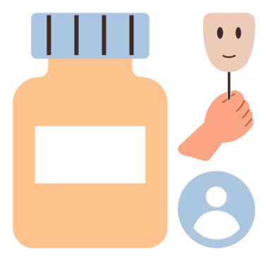 İlaç şişesi, mutlu bir maske tutan el ve zihinsel sağlığı, duygusal sağlığı, tedaviyi, kendine bakımı, terapiyi, kimliği ve iyileşmeyi gösteren kullanıcı sembolü. Sağlık hizmetleri bağlamında ideal