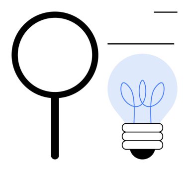 Bir ampulün yanında büyüteç, analizi, keşfi, yaratıcılığı ve fikir üretimini sembolize eder. Yenilik, araştırma, yaratıcılık, beyin fırtınası iş merakı için idealdir. A