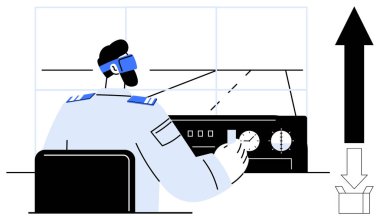 Pilot kokpit kontrol panelinde oturan mavi apoletleri takıyor, göstergeleri ayarlıyor. Navigasyon ölçer, yön oku ve kutu simgesi olan konsol. Havacılık, navigasyon, kontrol, teknoloji için ideal