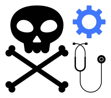 Çapraz kemikli, mavi dişli ve steteskoplu kafatası sağlık risklerini ve teknolojinin tıptaki rolünü vurguluyor. Tıp, teknoloji, tehlikeler, tehlike, güvenlik, yenilik tanıları için ideal
