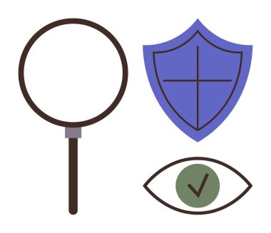 Teftiş için büyüteç, koruma için kalkan ve doğrulama için işaretli göz. Güvenlik, güven, veri analizi, güvenlik, soruşturma şeffaflığı ve güvenilirliği için idealdir. A