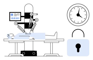 Hasta üzerinde ameliyat yapan robot, tıbbi monitör, saat ve kilit ikonu hassasiyeti, zaman verimliliğini, güvenliği ve güveni simgeliyor. Sağlık teknolojisi için ideal, siber güvenlik cerrahisi yeniliği