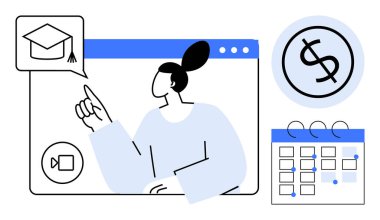 Online öğrenim platformu, mezuniyet şapkası, dolar işareti ve takvim simgeleriyle etkileşime giren bir kadın. Eğitim, e-öğrenim, planlama, finansal hedefler, zaman yönetimi bilgisi için idealdir. Basit düz