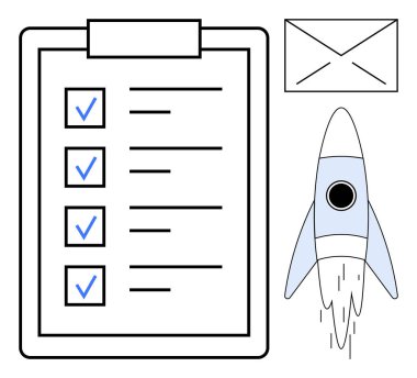 Görev tamamlamayı gösteren pano, iletişim için zarf, yenilik ve büyüme için roket. Liderlik için ideal, üretkenlik, takım çalışması, proje yönetimi, planlama, yenilik