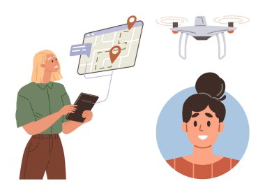 Quadcopter navigasyon için tablet kullanan kadın, konum şifreli harita ve kullanıcı avatarı. Teknoloji, yenilik, haritalama, dağıtım, uzaktan kumandalı kullanıcı arayüzü bağlantısı için ideal. Basit gösterir