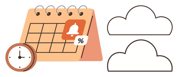 Calendar marked with alert icon, a clock, and cloud symbols. Ideal for time management, organization, deadlines, reminders, cloud backup planning and productivity. Clean simple flat metaphor