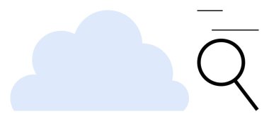 Mavi bulut ve basit çizgileri olan büyüteç. Bulut araştırması, veri analizi, çevrimiçi depolama, teknoloji, arama, bilgisayar, keşif için ideal. Minimalist düz metafor