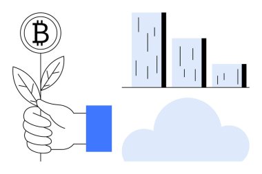 El yapımı Bitcoin filizi, dikey bar çizelgesi gelişimi simgeliyor, birbiriyle bağlantılı teknoloji bulutu. Kripto para birimi, finans, yatırım, büyüme, yenilik, sürdürülebilirlik bulutu için ideal
