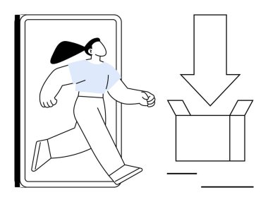 Kadın dijital ekrandan çıkıyor, hareket gösteren okla açık kutuya doğru ilerliyor. E-ticaret, dağıtım, teknoloji, dönüşüm, yenilik, ambalaj yaratıcı konsept için idealdir. Basit düz