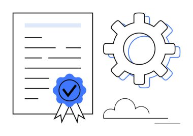 Çarkın yanındaki mavi kurdele işaretli sertifika uyumu, standartları ve verimliliği simgeliyor. Sertifika, standart, kalite, süreç, başarı uyumluluğu için ideal