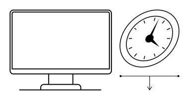 Aşağı eğimli analog saatin yanında iş-yaşam dengesi, görev verimliliği ve dijital bağımlılığı vurgulayan masaüstü monitörü. Üretkenlik, zaman yönetimi, uzak çalışma, zamanlama ve odaklanma için ideal