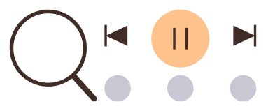 Büyüteç, geri vites, duraklat ve dairesel düz tasarım elementleri olan ileri düğmeler. Medya kontrolü, araştırma, navigasyon, kullanıcı arayüzü, basitlik kavramsal tasarım minimalizmi için ideal