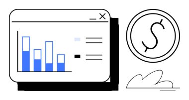Bir dolar madeni para ve soyut şekillerin yanında finansal verileri gösteren mavi sütunlarla çizelge arayüzü. İş, analitik, ekonomi, finans, yatırım, strateji ve başarı için ideal. Basit düz