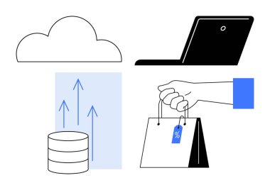 Bulut simgesi, veri tabanında yukarı doğru oklar, dizüstü bilgisayar ve indirim etiketli alışveriş torbaları. Teknoloji, veri depolama, e-ticaret, dijital pazarlama, çevrimiçi perakende alışverişi için ideal