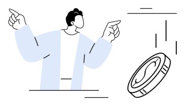 Dönen bir madeni paraya doğru jestler, seçenekleri, riskleri ve finansal odaklanmayı temsil eder. Finans, iş stratejisi, yatırımlar, fırsat, karar verme riski yönetimi ve ekonomi için ideal