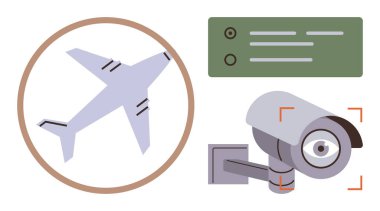 Uçak kahverengi daireler çizmiş, CCTV kamerası kırmızı odak işaretli, kontrol paneli var. Havacılık, gözetleme, güvenlik, izleme, kontrol seyahati ve güvenlik konuları için ideal. Basit düz metafor