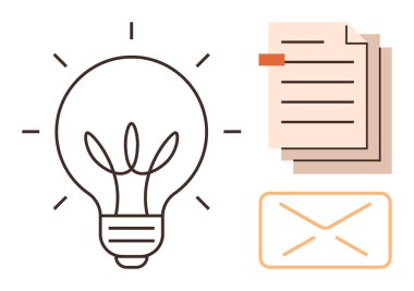 Yaratıcılığı temsil eden ampul, organizasyonu sembolize eden istiflenmiş belgeler ve iletişim için bir zarf. Beyin fırtınası, yenilik, takım çalışması, yazışma, verimlilik için ideal