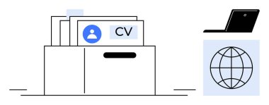 Kullanıcı simgesi, CV etiketi, laptop, küresel bağlantıları sembolize eden dünya simgesi içeren özgeçmişleri içeren dosya kutusu. İş arama, adam toplama, dijital süreçler, istihdam, kariyer planlaması için ideal