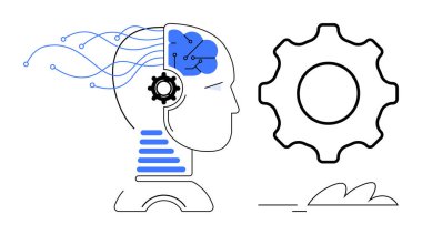 Nöro desenli baş silueti ve insan zekası ve yapay zeka sinerjisi vites gösterimi. Teknoloji, yapay zeka, yenilik, otomasyon, makine eğitimi, robot bilimi ve dijital konsept için ideal. Basit düz