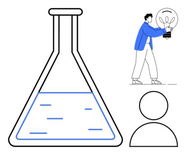 Sıvı bilimi temsil eden bir şişe, elinde ampul taşıyan bir kişi, yenilik taşıyan bir kişi ve kimlik belirten bir kullanıcı avatarı. Eğitim, yaratıcılık, yenilik, araştırma, kullanıcı etkileşimi için ideal