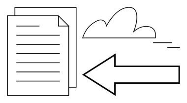 Belgelerle temsil edilen dosyalar ve yükleme veya aktarmayı gösteren kalın bir okla bağlanmış bir bulut simgesi. Bulut bilgisayarı, veri paylaşımı, dijital depolama, teknoloji, dosya aktarımı, ağ için ideal