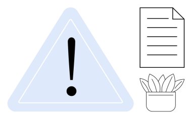 Üçgendeki ünlem işareti, metin ile belgelendirme ve saksı bitkisi iş-yaşam dengesini, odaklanmayı veya uyarıları yansıtıyor. Dikkat, uyarı, işyeri, organizasyon verimliliği için ideal
