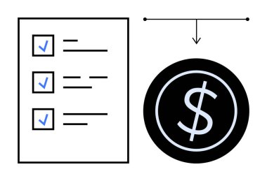 Büyük bir dolar sembolüne bağlı mavi işaretli kontrol listesi. Görev yönetimi, bütçe planlaması, iş akışı, hedefler, güvenilirlik, takım çalışması için ideal. Basit düz metafor