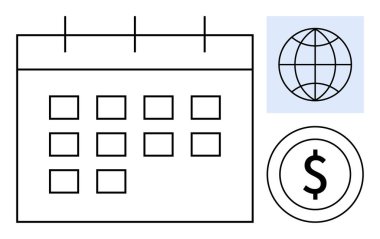 Minimalist takvim ızgarası, küre ve dolar parası. Küresel ticaret, finansal planlama, programlama, ekonomik strateji, uluslararası ticaret yatırımı dijital ekonomisi için idealdir. Basit düz metafor