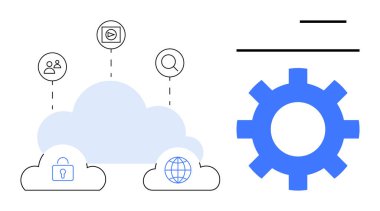 Güvenlik, kullanıcı, dünya ve medya simgeleri olan bulut, sağda mavi dişli. Teknoloji, bulut depolama, veri güvenliği, ağ yönetim yeniliği için ideal basit düz metafor