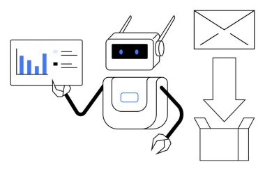 Robot analitik tahtası, posta simgesi ve kutuya ok ile bağlanmış. Otomasyon, robot bilimi, veri analizi, lojistik ve yapay zeka için idealdir. Basit düz metafor